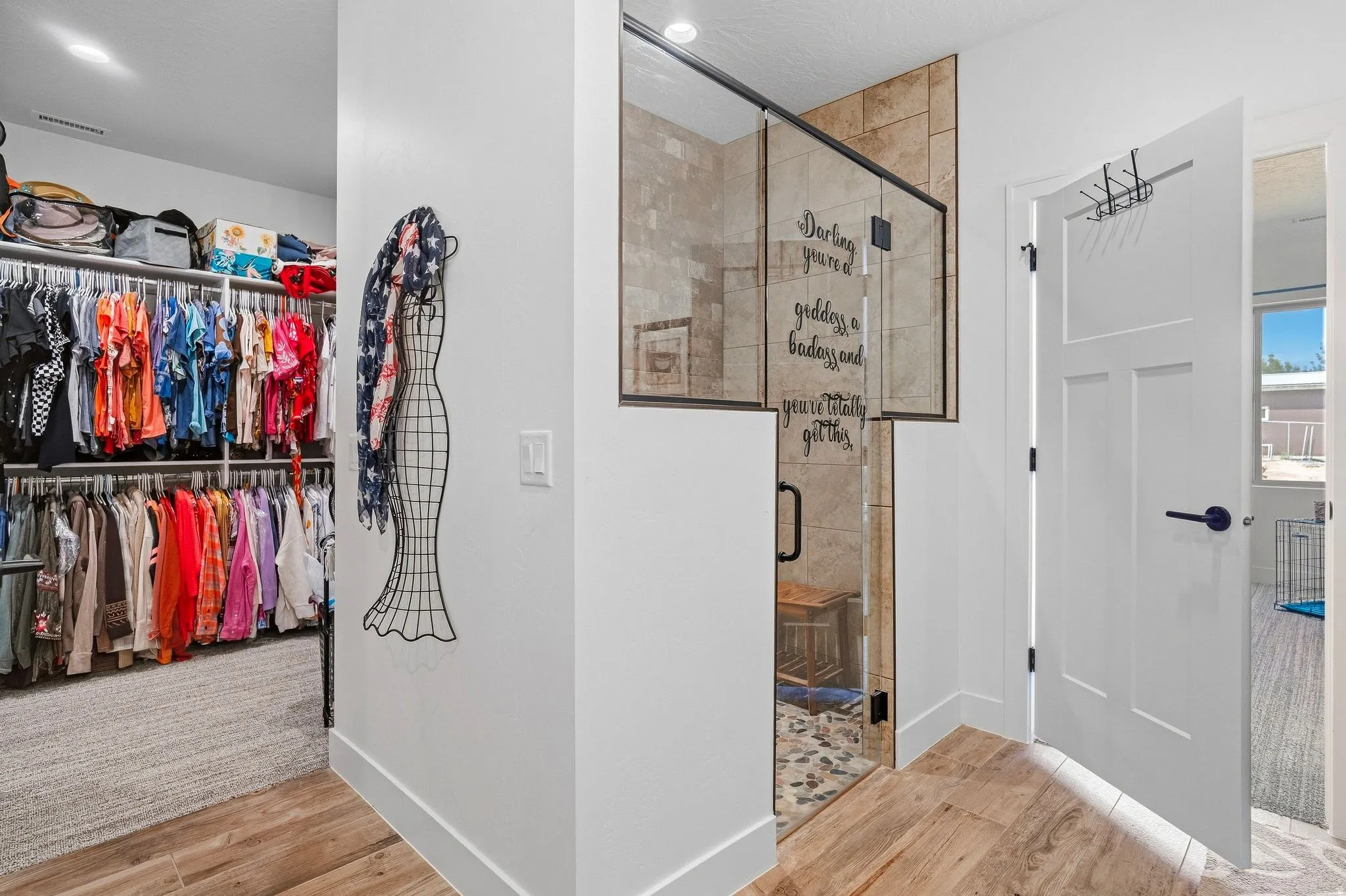 Walk-in closet with custom shelving and hanging racks, wood-finish flooring, glass-enclosed shower with tiled walls, and a white panel door