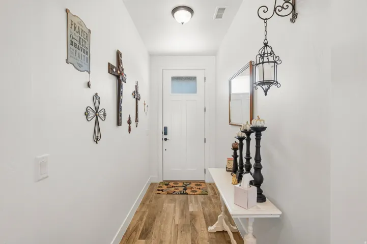 Entryway featuring a white paneled door with frosted glass, wood-finish flooring, and a flush-mount ceiling light