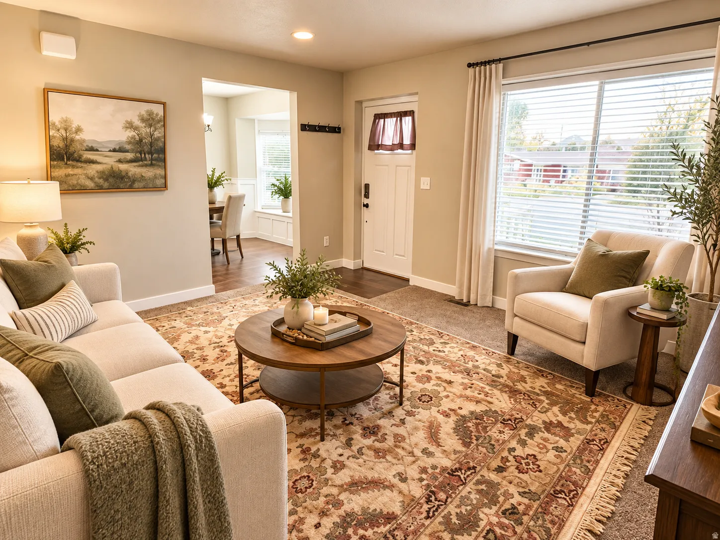 Recessed lighting, large window with blinds, wood-finish flooring, built-in window seating, and a paneled entry door