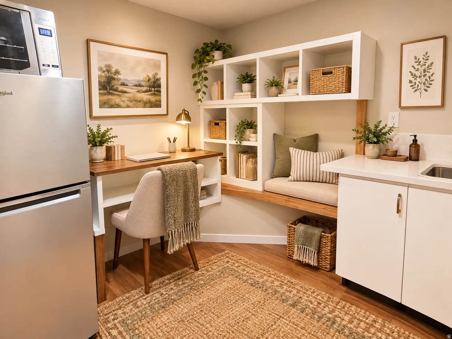 Built-in desk with a wood-finish countertop, integrated open shelving, and a built-in bench with cushioned seating