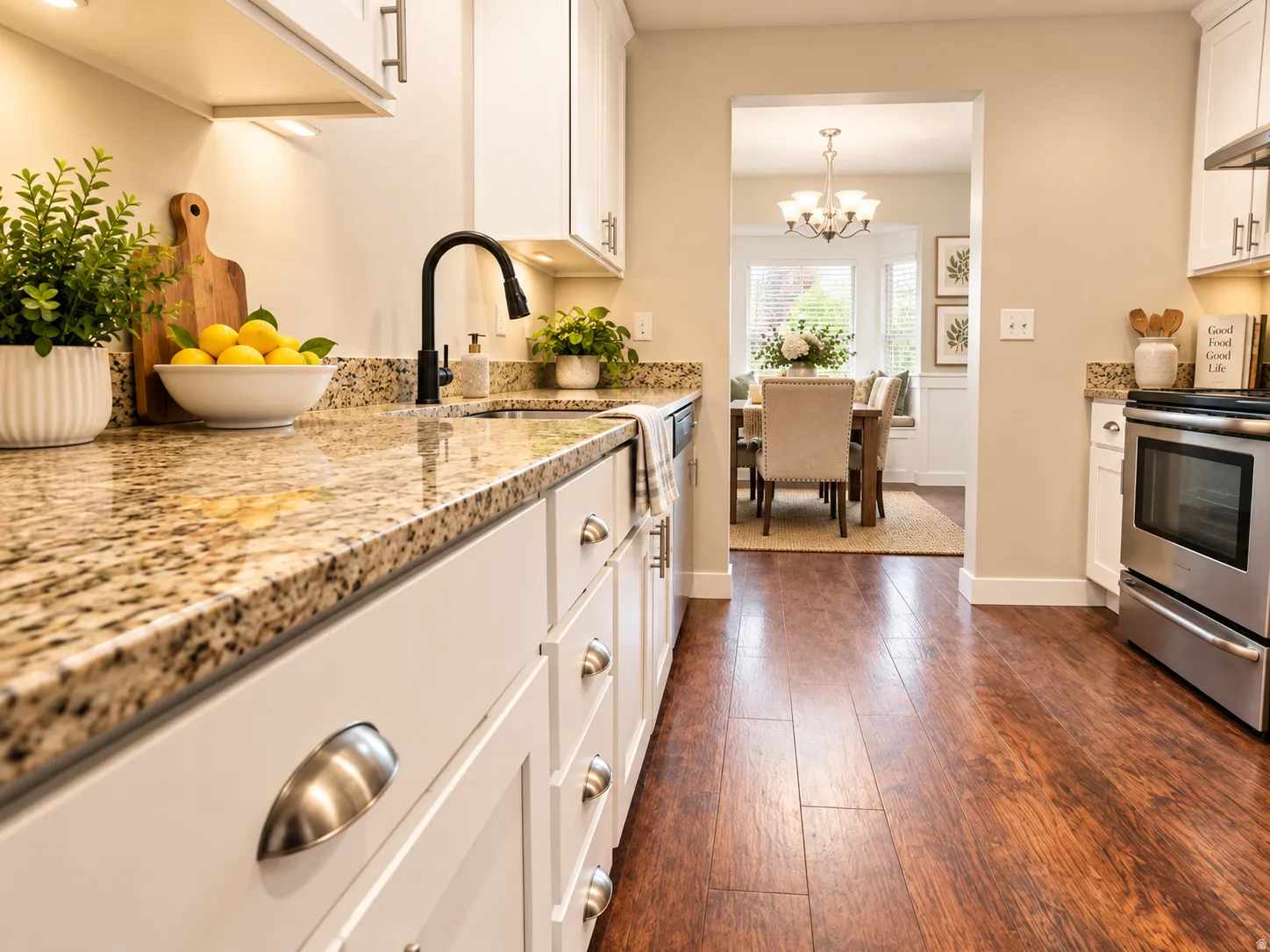 Kitchen featuring wood-finish flooring, white cabinetry with brushed nickel hardware, speckled countertops, stainless steel appliances, and under-cabinet lighting