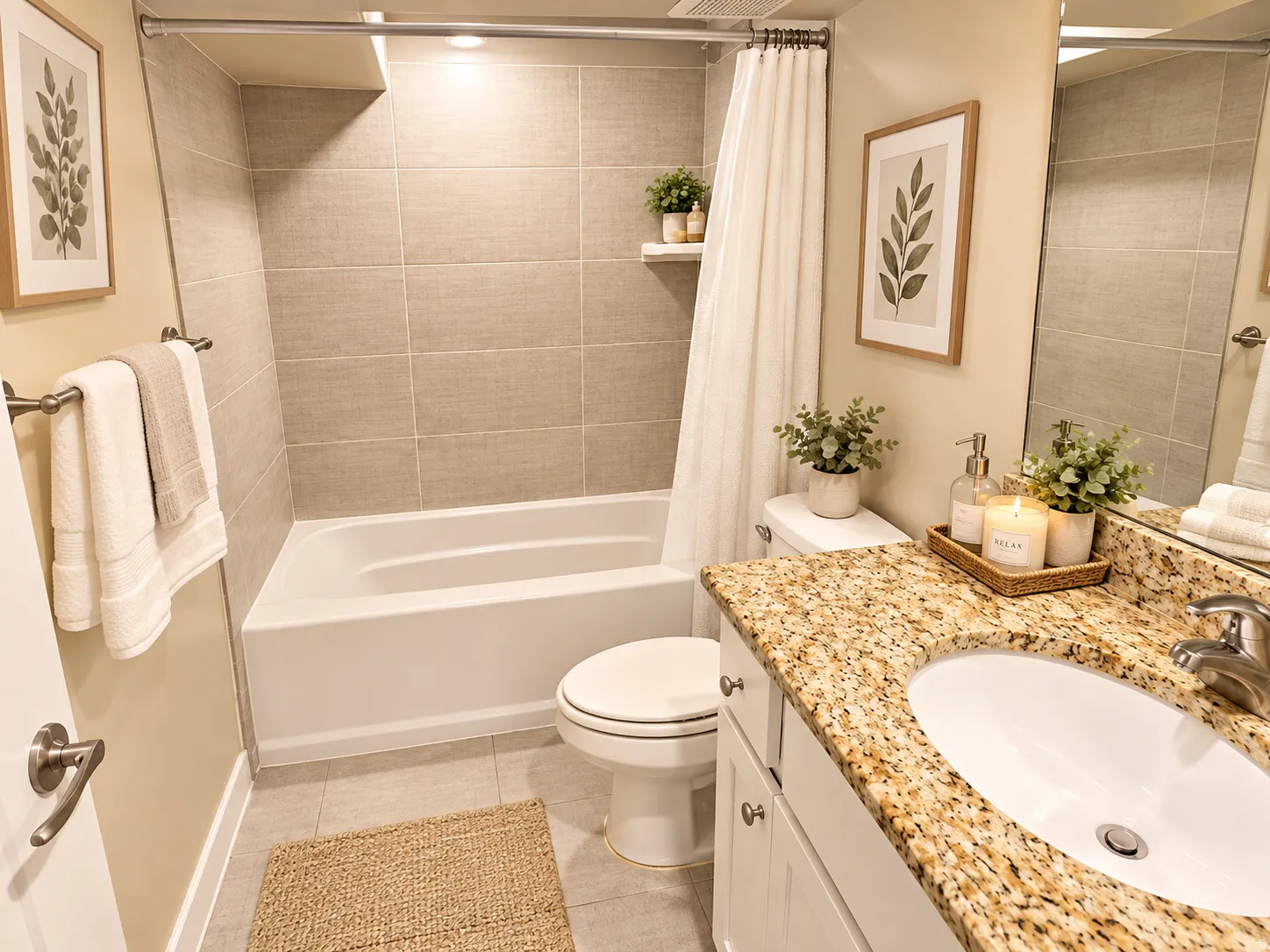 Bathroom featuring a white vanity with a built-in sink, stone-finish countertop, and white cabinetry