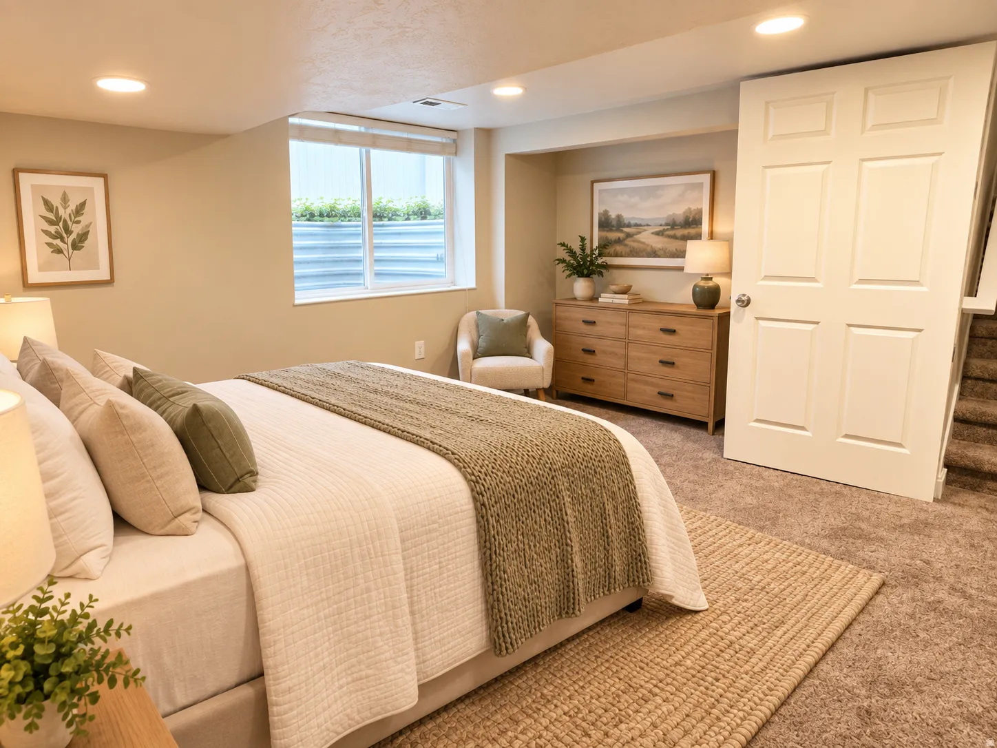 Recessed lighting, window with blinds, paneled door, wood-tone dresser, and carpet flooring