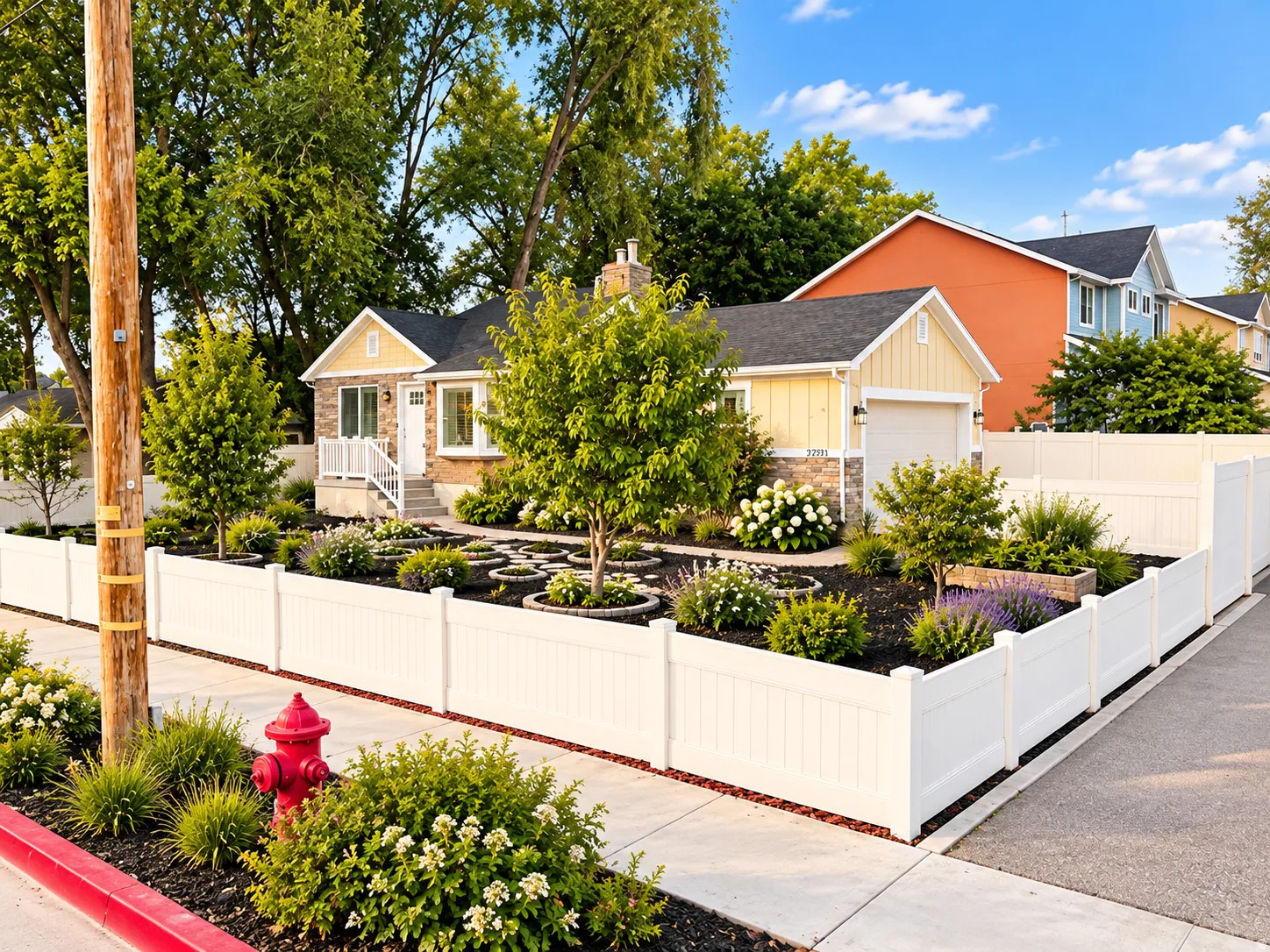 Craftsman-style home featuring stone and siding exterior, a white picket fence, an attached garage, and landscaped front yard with established plantings