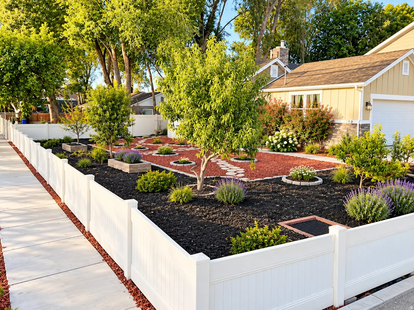 White privacy fencing borders a landscaped front yard featuring red and black groundcover, a stone pathway, and mature plantings