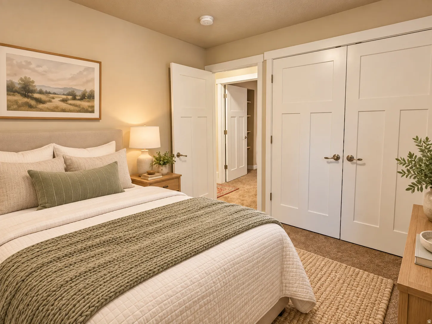 Beige wall finish, double panel closet doors, light wood-finish nightstand, recessed ceiling light, and carpeted flooring