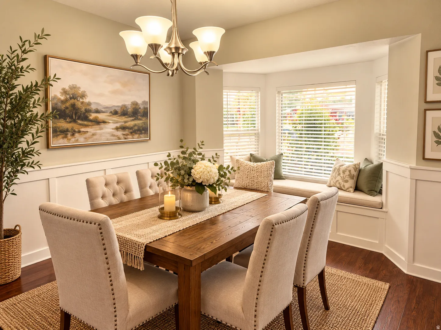 Wood-finish flooring, wainscoting detail, built-in window seating, bay window, and a five-light chandelier