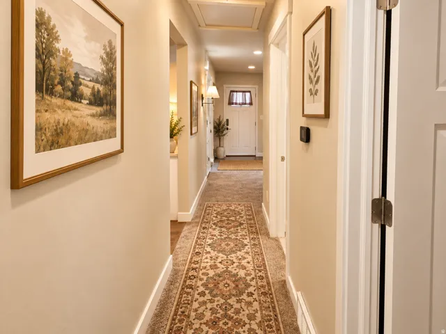 Hallway with warm-toned walls, recessed lighting, and wall-mounted sconces
