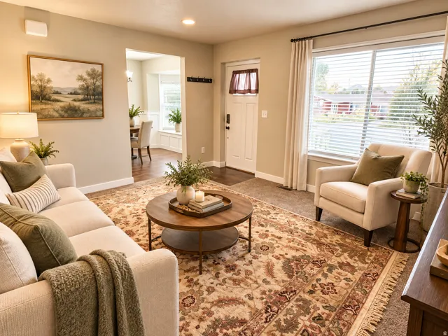 Recessed lighting, large window with blinds, wood-finish flooring, built-in window seating, and a paneled entry door