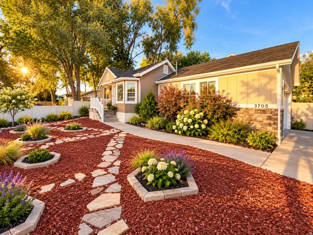 Landscaped front yard with a stone-accented exterior, covered entryway, bay window, and concrete driveway