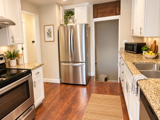 Kitchen featuring wood-finish flooring, stainless steel appliances, granite countertops, white cabinetry, and recessed lighting