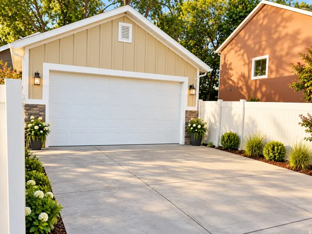 Two-car garage with a paneled door, board and batten siding, and stone veneer accents