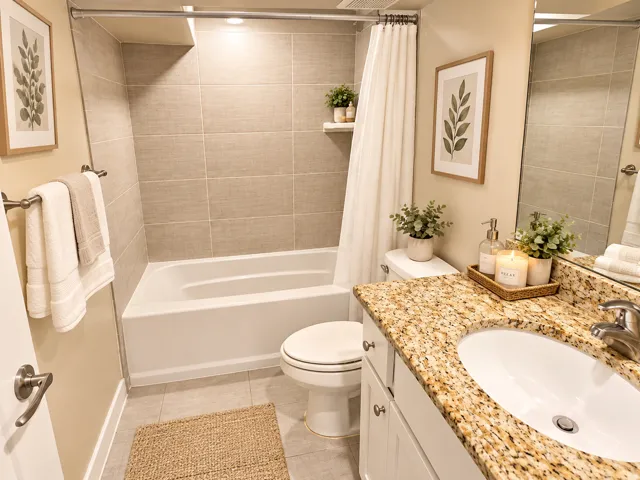 Bathroom featuring a white vanity with a built-in sink, stone-finish countertop, and white cabinetry