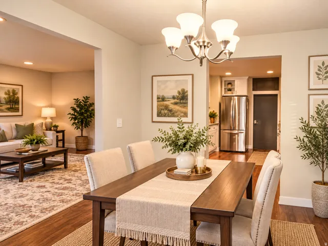 Open-concept dining area with wood-finish flooring