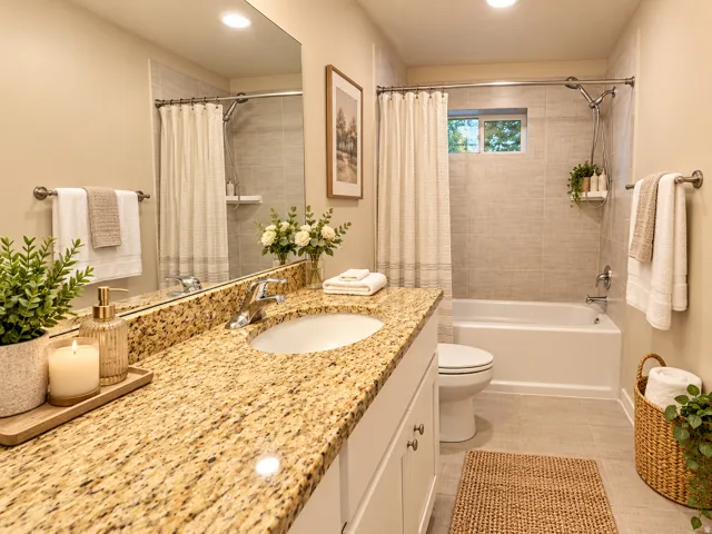 Vanity featuring a stone countertop and integrated sink, chrome faucet, tiled shower/tub combination, and recessed lighting