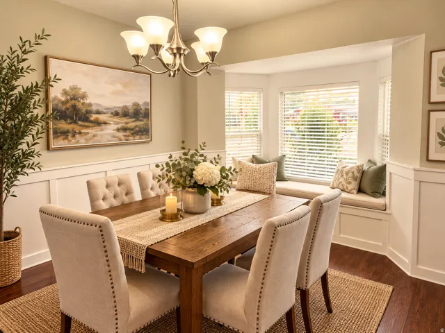 Wood-finish flooring, wainscoting detail, built-in window seating, bay window, and a five-light chandelier