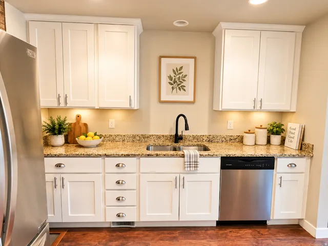 White shaker-style cabinetry with chrome hardware, granite countertops, stainless steel sink with a matte black faucet, and stainless steel appliances