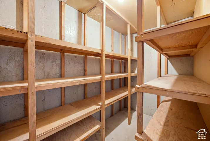 Built-in wood shelving with ample vertical clearance