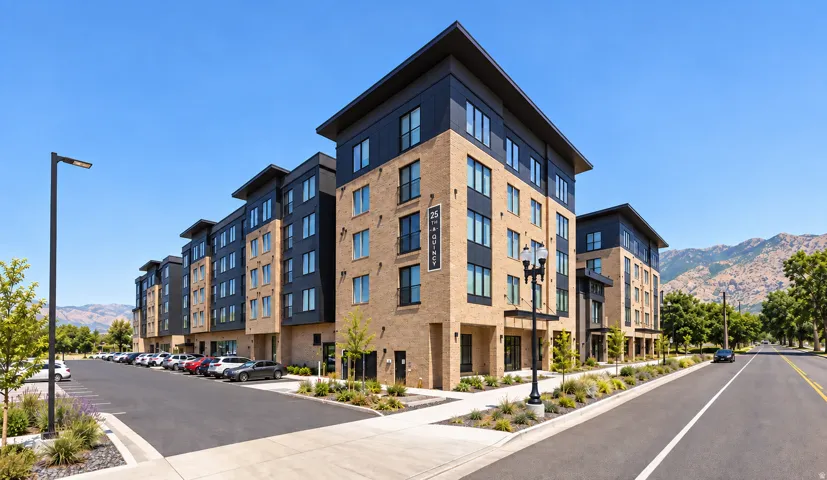 Contemporary multi-story building featuring brick and dark siding, ample surface parking, pedestrian-friendly sidewalks, and integrated street lighting
