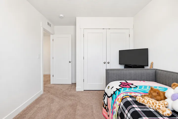 Plush carpet flooring, crisp white walls, and bright white trim