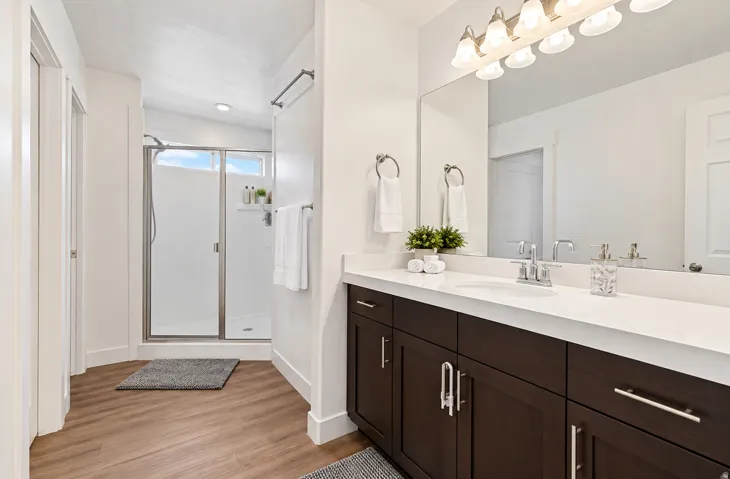Walk-in shower with a glass enclosure, wood-finish flooring, a white vanity with a large mirror, and dark wood-finish cabinetry