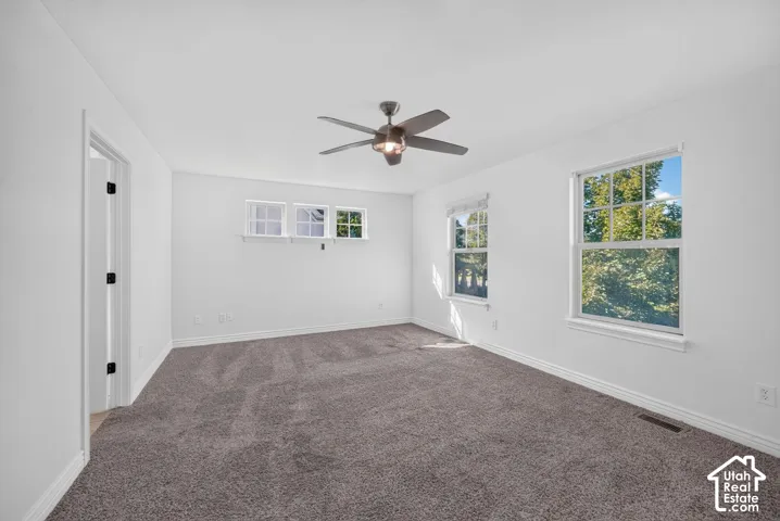 Spacious room with gray carpeting, white walls, multiple windows, and a ceiling fan with integrated lighting