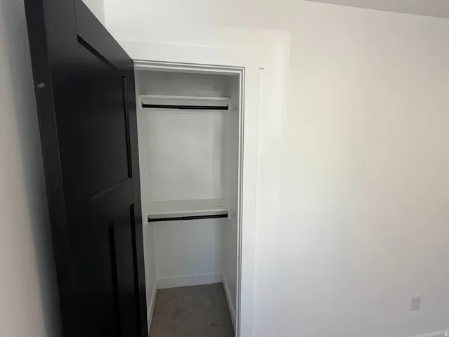 Recessed closet featuring a black paneled door, white trim, and a built-in shelf with hanging rods