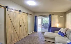 Wood-finish barn doors with black hardware.