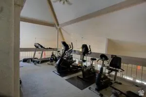 East side Exercise balcony. Lofted space with exposed structural beams and a sloped ceiling