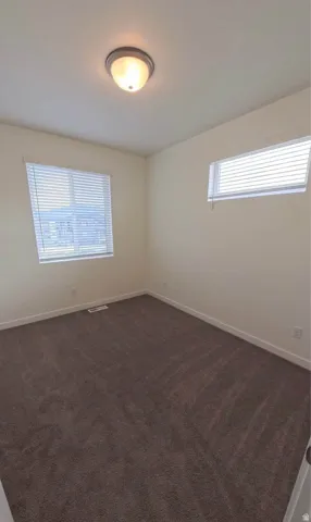 Plush carpeting, windows with horizontal blinds, and a flush mount ceiling light fixture