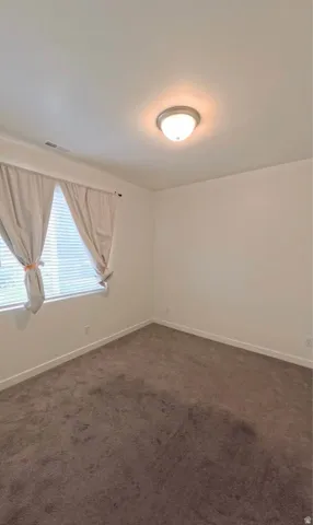 Carpeted flooring, white walls, window with blinds, and a ceiling-mounted light fixture