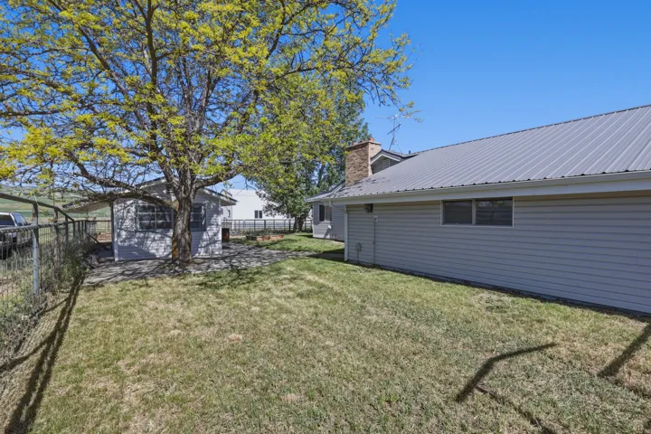 Expansive lawn area with a mature tree, stone chimney, metal roof, and a separate outbuilding
