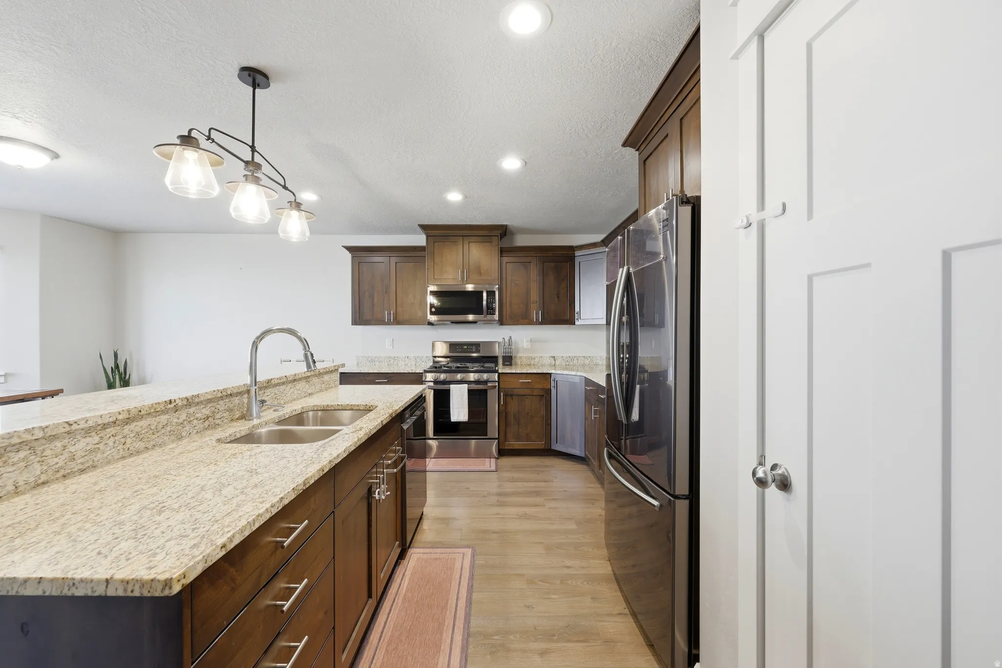 Kitchen with wood-finish flooring, recessed lighting, and a stainless steel appliance suite