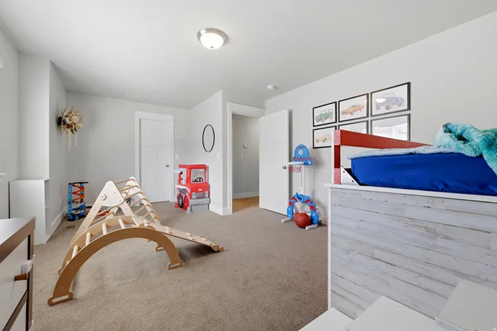 Plush carpeted flooring, neutral wall tones, and white trim work