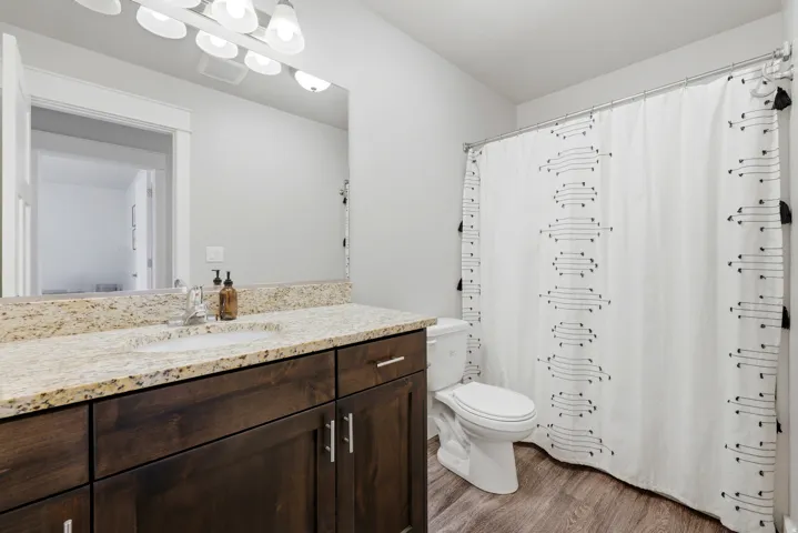 Vanity with an integrated sink, granite-style countertop, dark wood-finish cabinetry, and wood-finish flooring