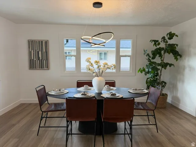 Hardwood-style flooring, white walls, and a multi-pane window with white trim