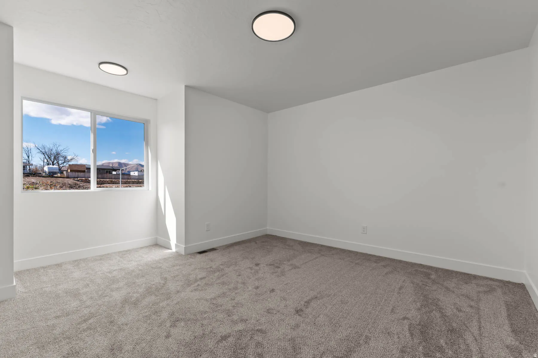 Light gray carpet, white walls, flush mount lighting, and a large window