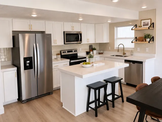 White cabinetry with gold-finish hardware, stainless steel appliances, light wood-finish flooring, white countertops, and a kitchen island