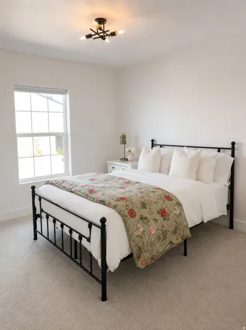 Recessed window with white trim, light-colored wall-to-wall carpeting, and a modern flush-mount light fixture