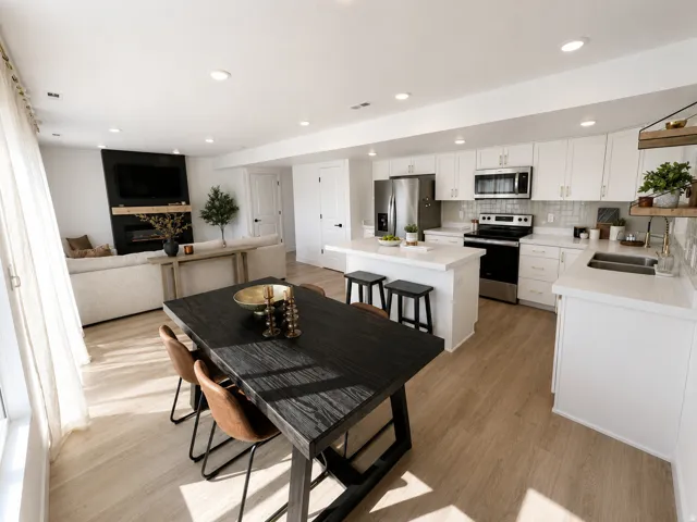 Open-concept living area featuring wood-finish flooring, a contemporary fireplace, a kitchen island with seating, white cabinetry, and stainless steel appliances