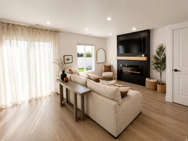 Recessed lighting, wood-finish flooring, and a modern fireplace with a wood mantle