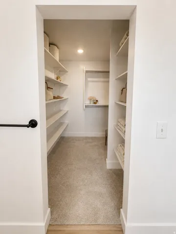 Recessed lighting illuminates extensive built-in shelving, carpeted flooring, and a hanging rod