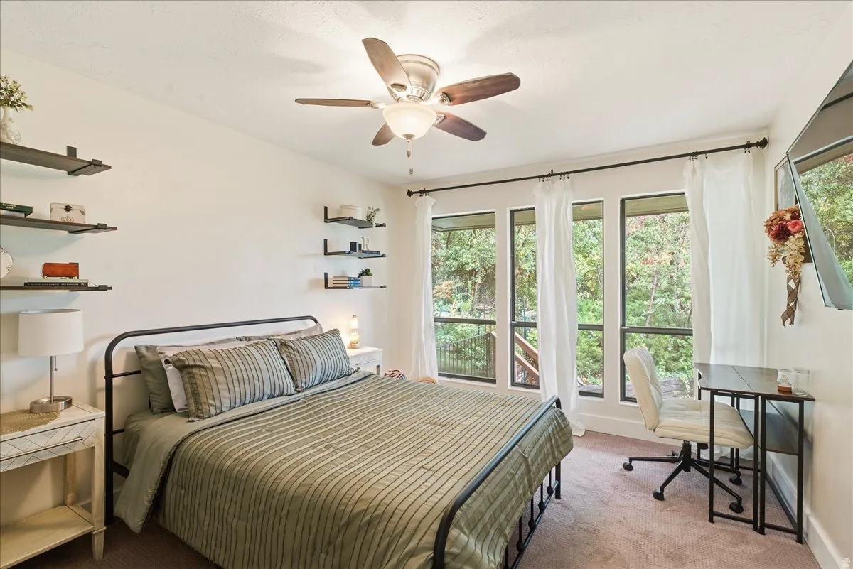 Multiple large windows with exterior foliage, ceiling fan with integrated lighting, and wall-mounted shelving