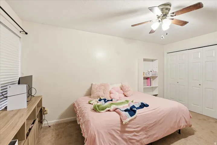 Ceiling fan with light fixture, built-in shelving, bifold closet doors, and carpeted flooring
