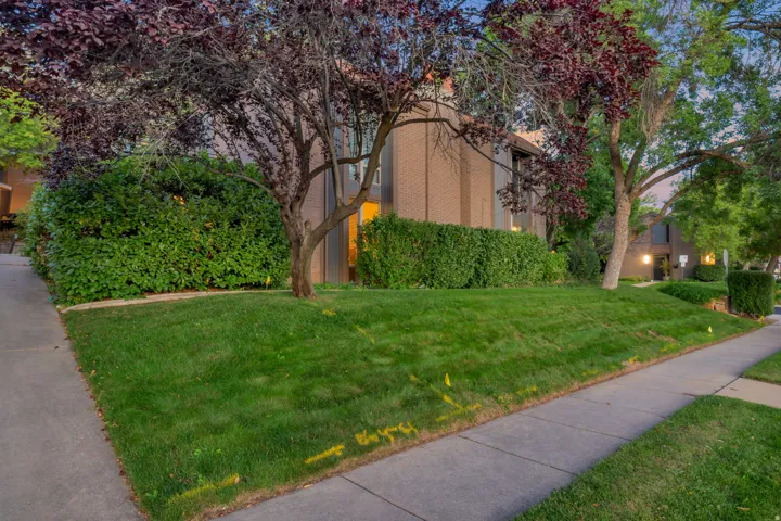 Mature trees, lush green lawn, and neatly trimmed hedges