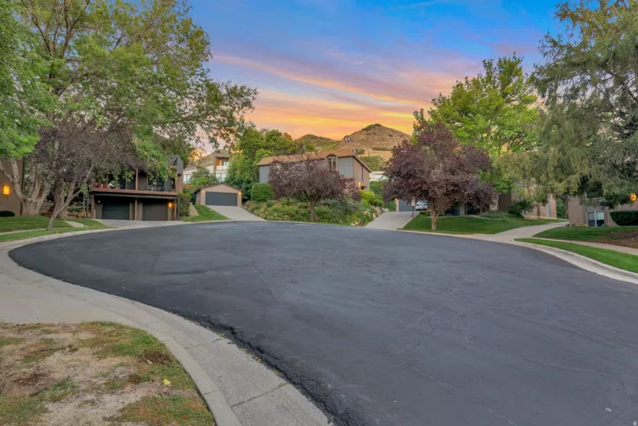 Residential street with mature trees and a distant mountain backdrop