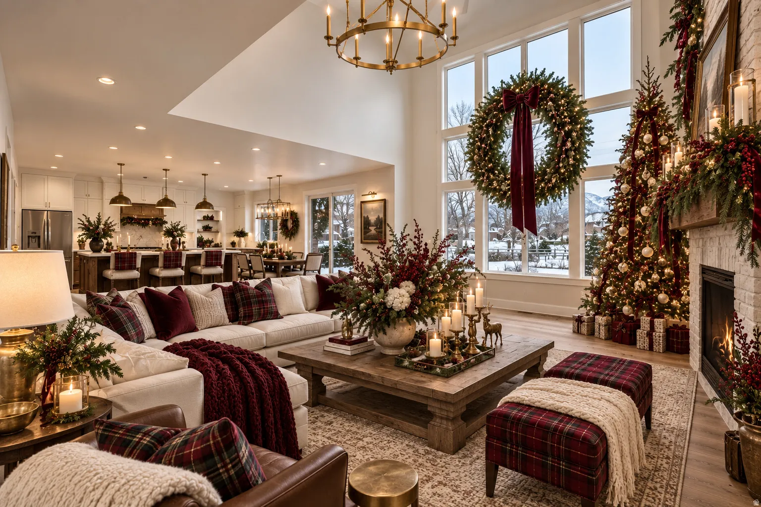 Spacious living area featuring a vaulted ceiling, large picture windows, a stone fireplace, and wood-finish flooring
