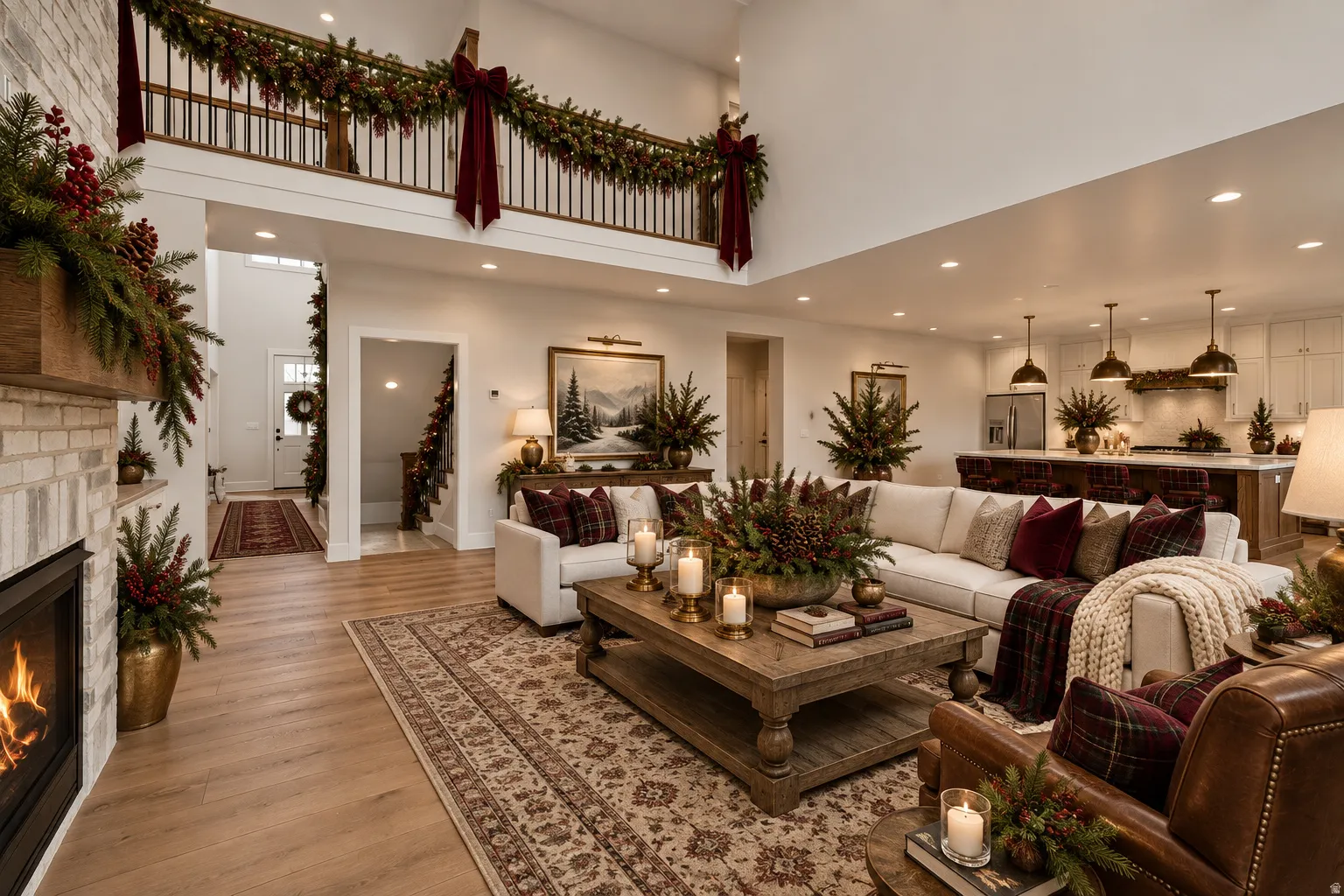 Open-concept living space with high ceilings, wood-finish flooring, and a brick-surround fireplace