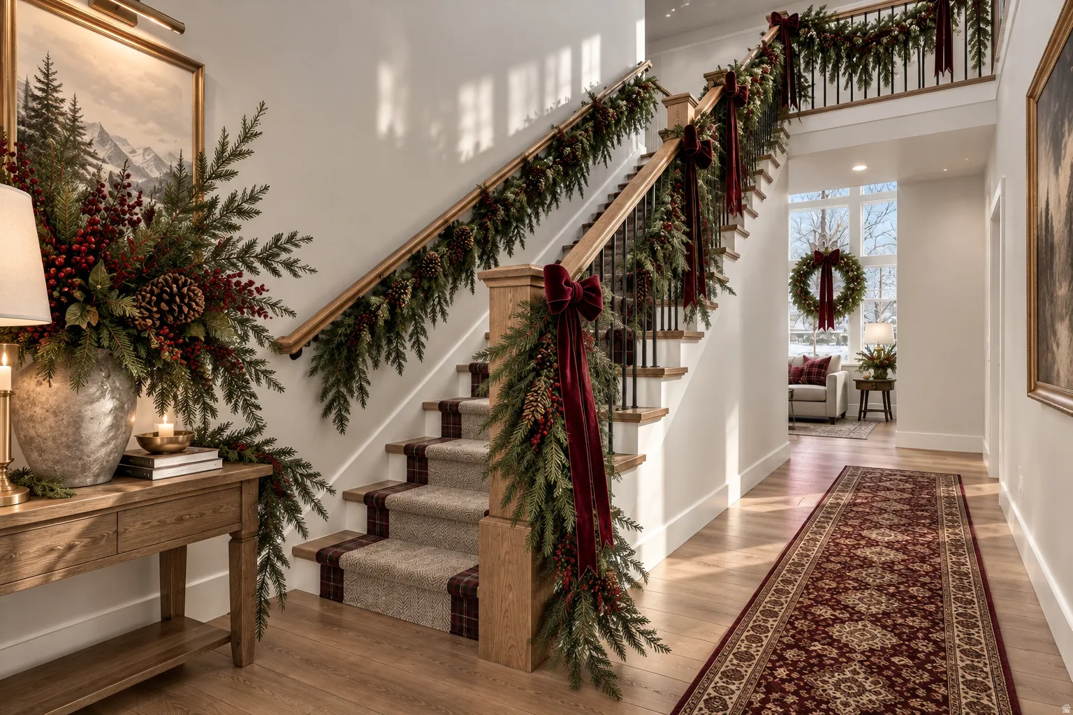 Two-story foyer with hardwood-finish flooring, a carpeted staircase with wood handrails, and black metal balusters