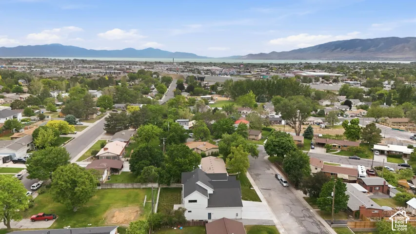 Aerial perspective of a developed neighborhood with mature trees and a distant body of water framed by mountains